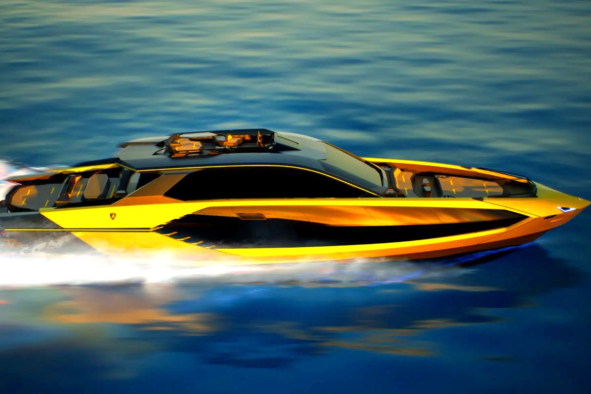 A yellow and black speed boat glides across the water, creating ripples in its wake.